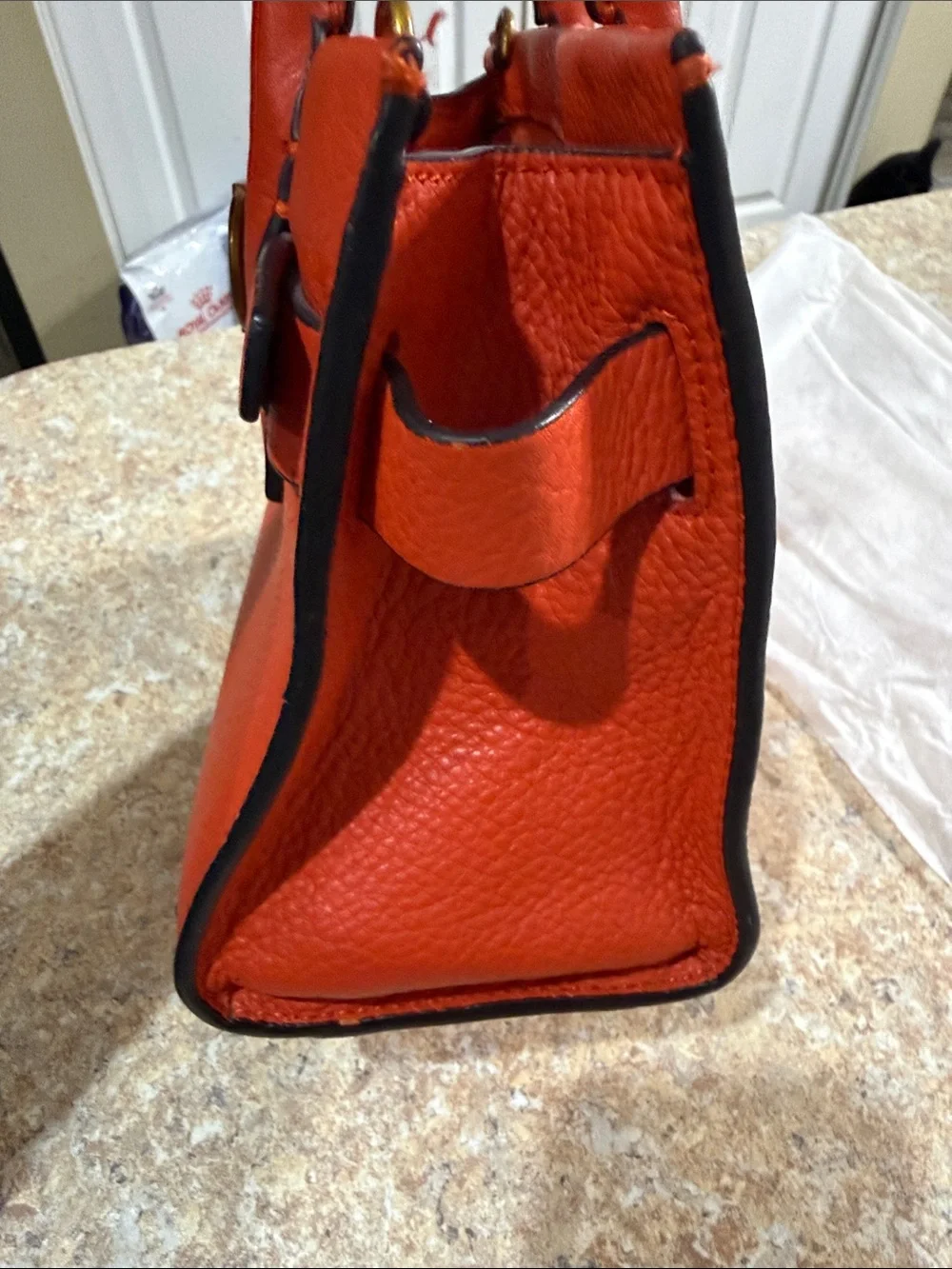 Tory Burch Orange Leather Top-Handle Satchel w/ Gold Hardware & crossbody strap.